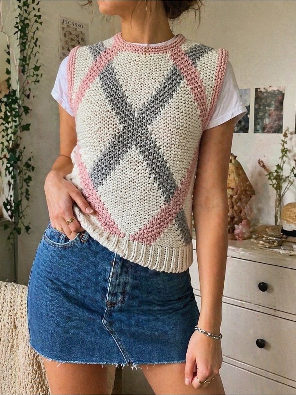 Margules Hand Knit Sweater Vest S Pink Cream Gray Chunky Knit Boho Cottagecore